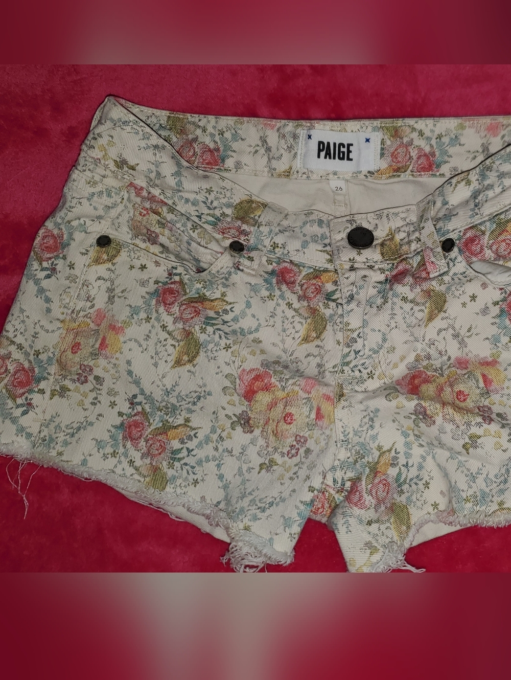 PAIGE Cream Floral Denim Shorts with Pink & Yellow Roses